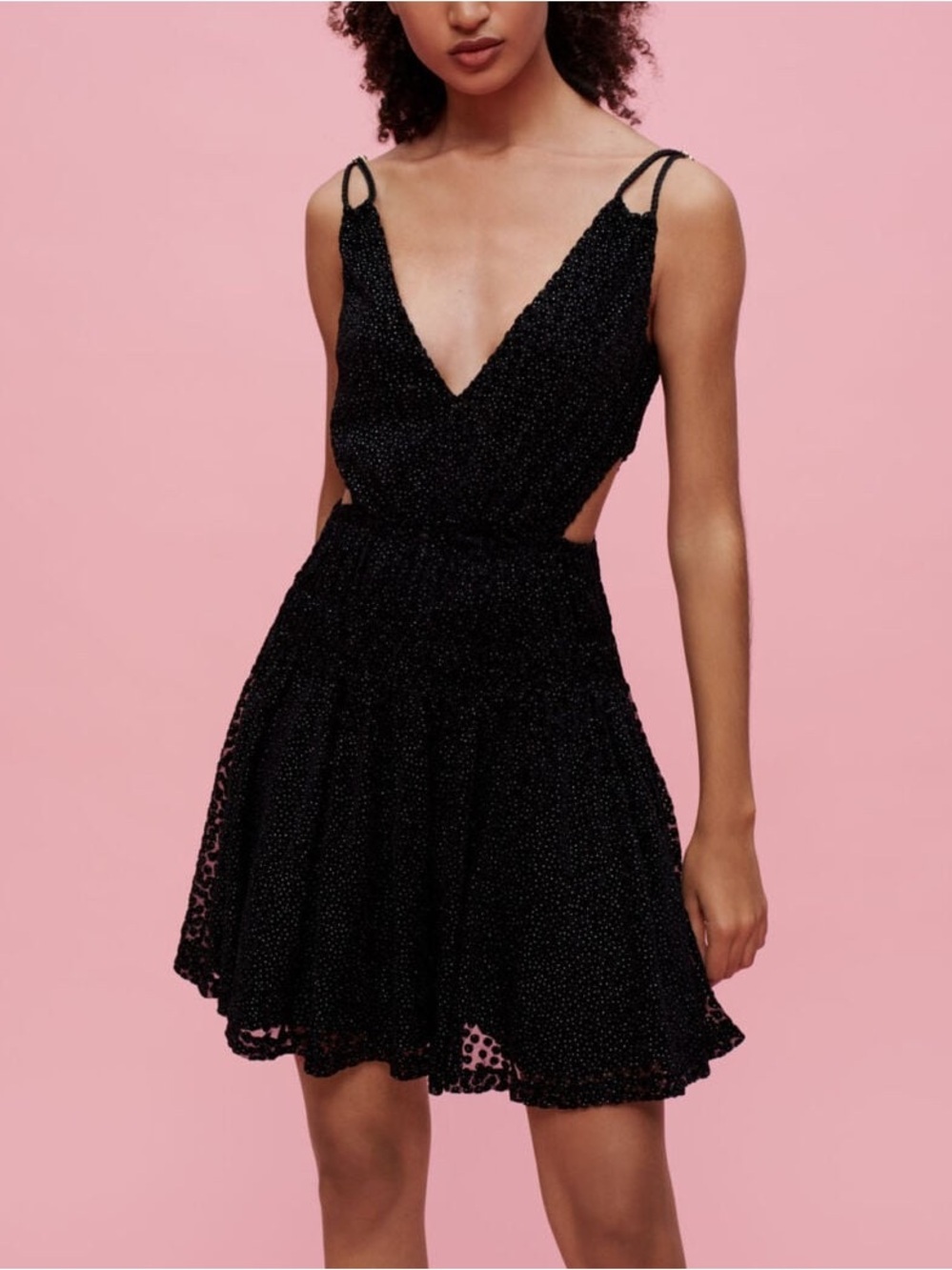 New Maje Cutout Glittered Flocked Tulle Mini Dress Black Floral Sz 40